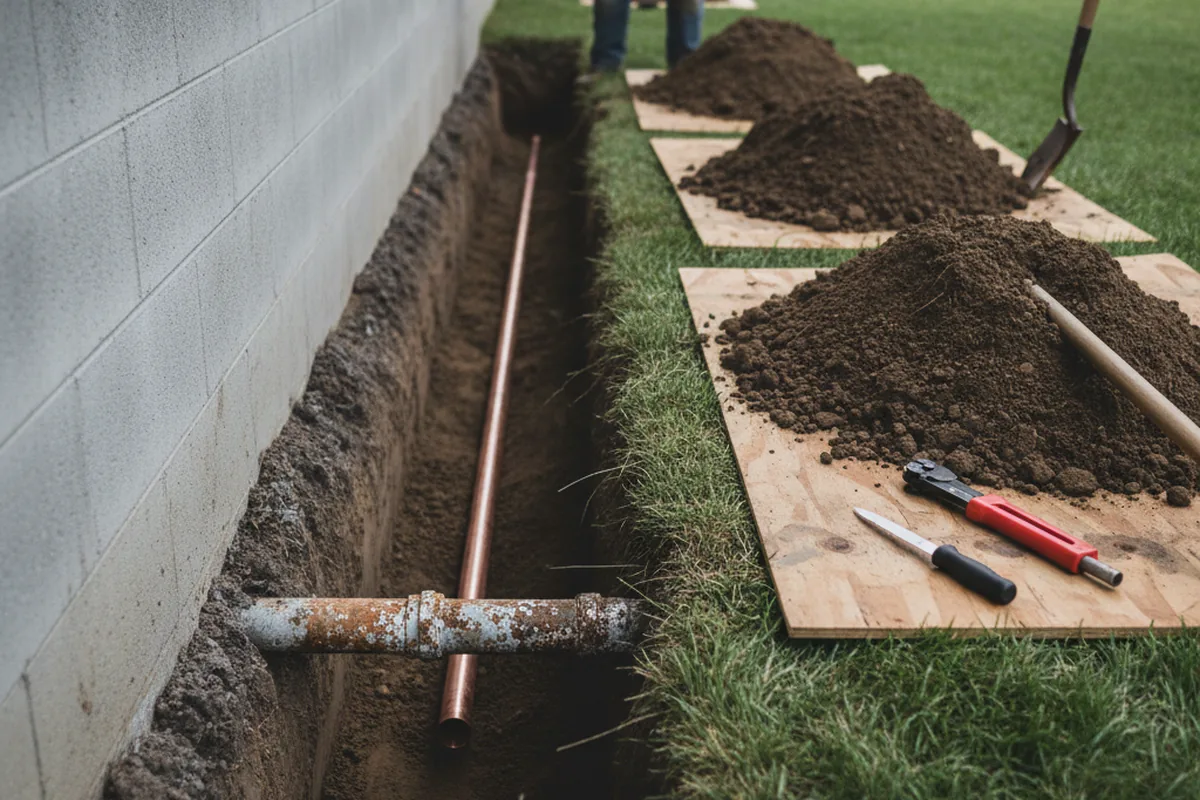 Excavated water line trench during Sewer Line Repair in Stratford